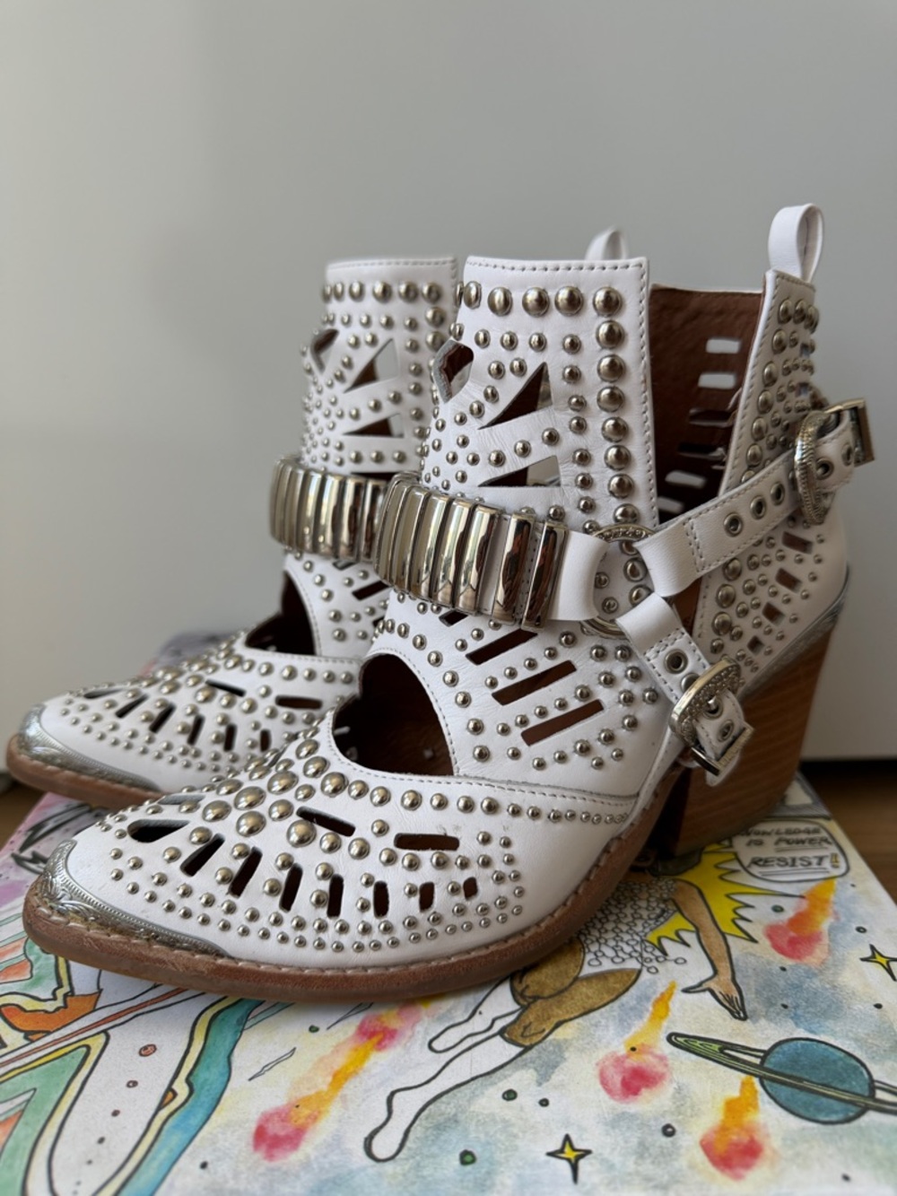 Jeffrey Campbell Wylie White Studded Cutout Leather Booties